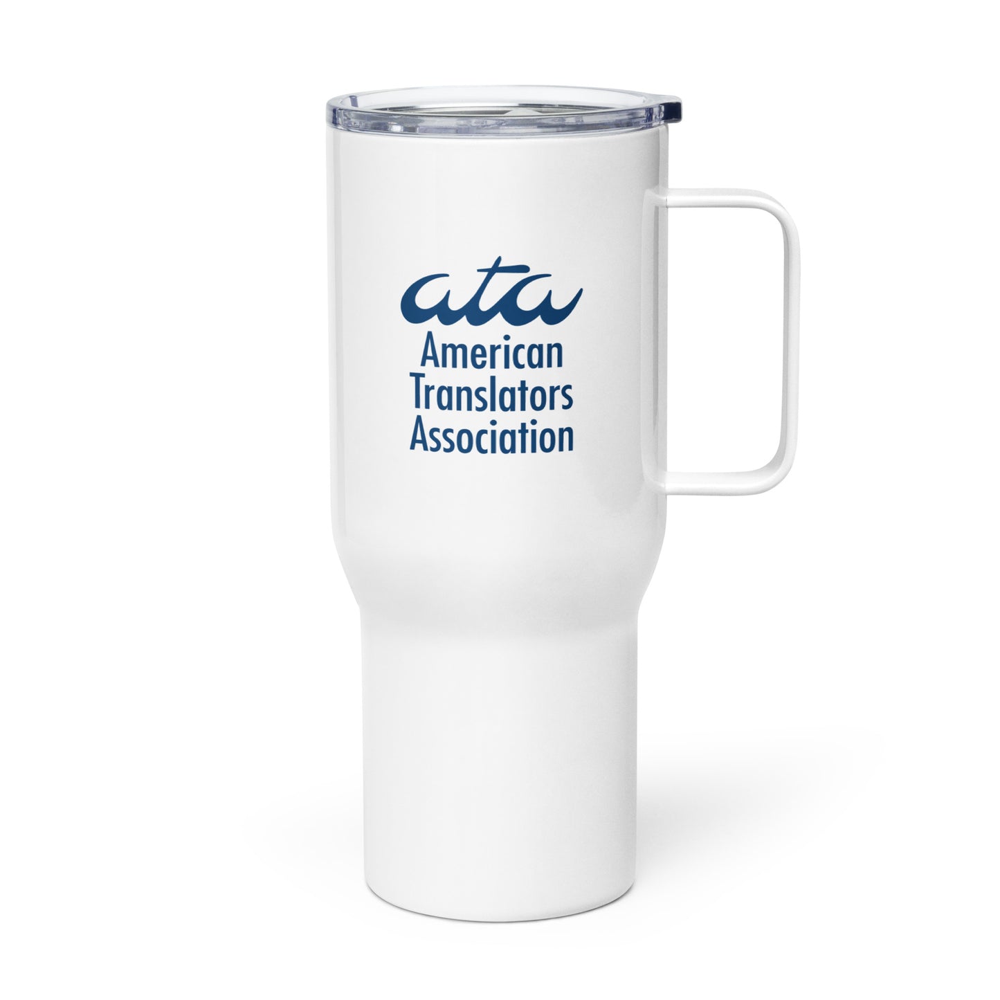 Stainless Steel Travel Mug with American Translators Association Logo and Handle