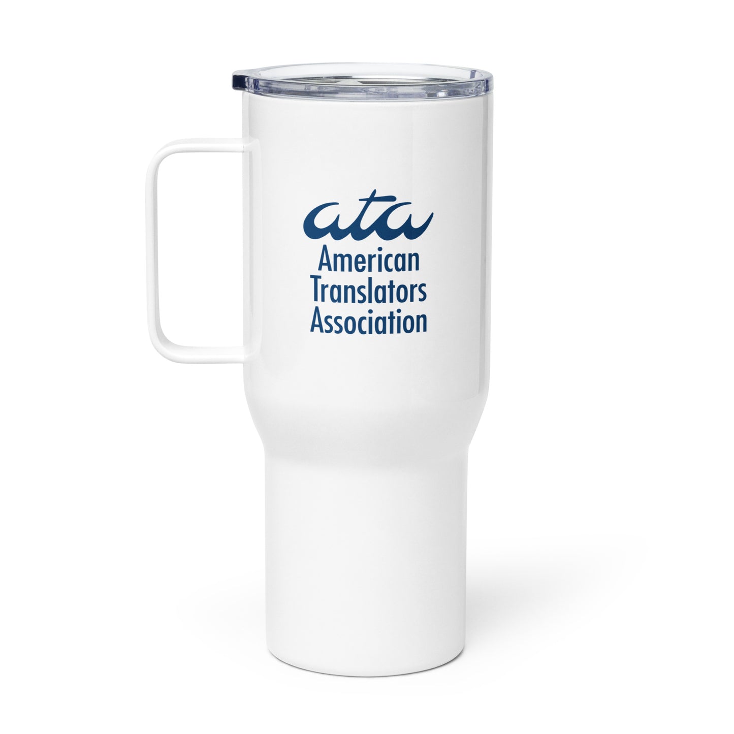 Stainless Steel Travel Mug with American Translators Association Logo and Handle