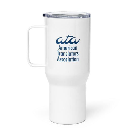 Stainless Steel Travel Mug with American Translators Association Logo and Handle